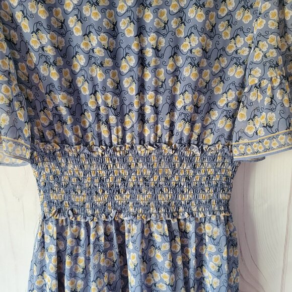 Max Studio V-Neck Babydoll Midi Dress, M, Light Blue Floral, Bell Short Sleeve - Picture 4 of 9